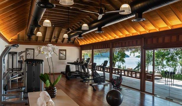 a gym equipped with bikes, strength machines and an exercise ball with views of the beach