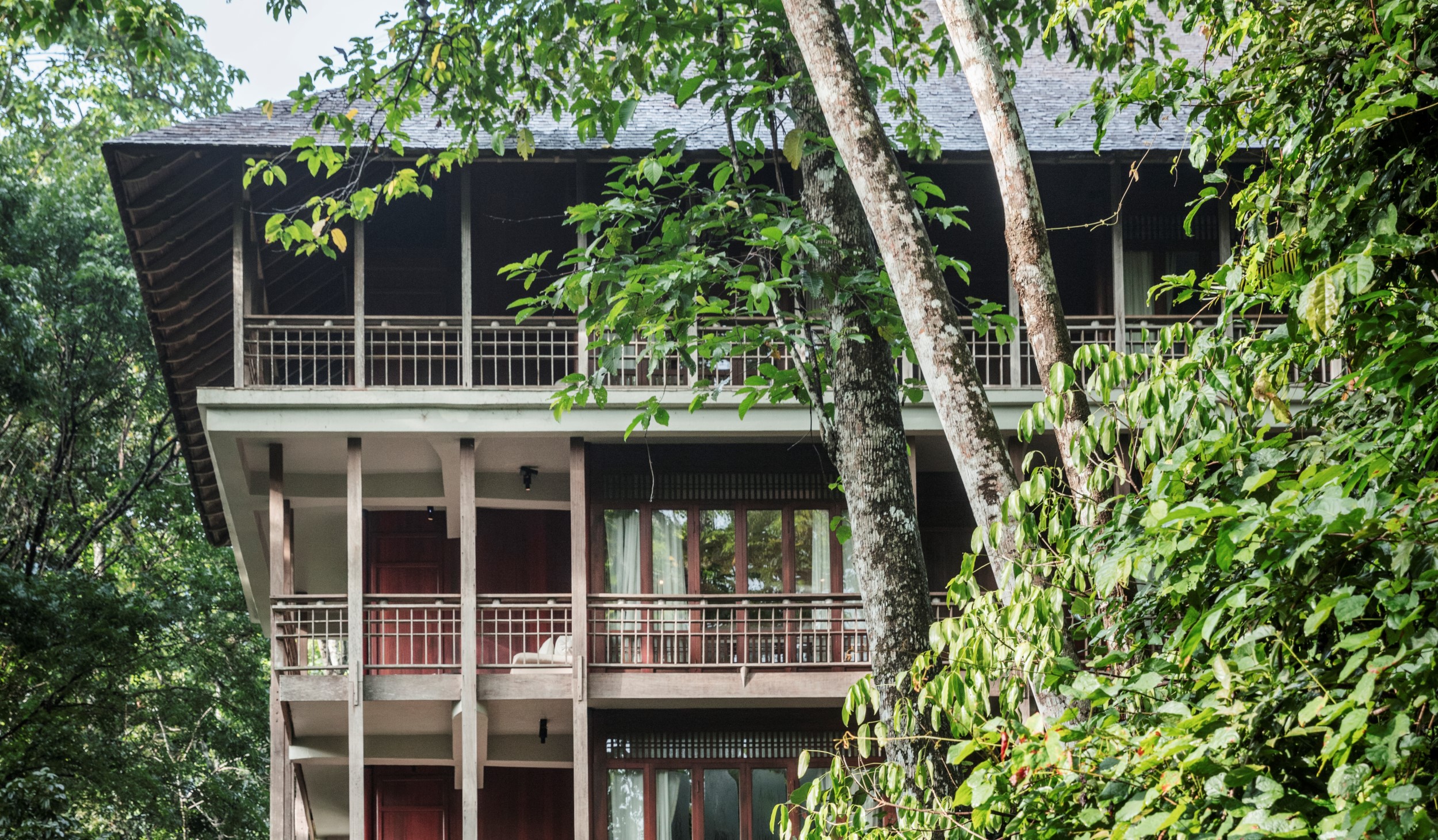canopy collection building with multiple levels and balconies surrounded by green rainforest