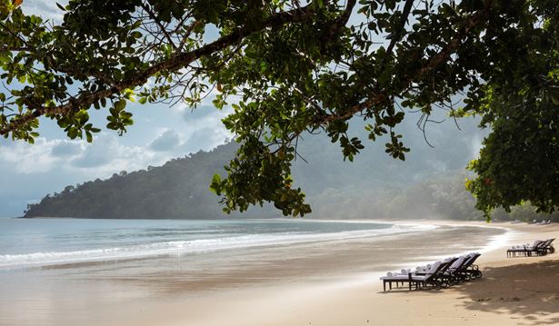 sunloungers on the datai beach overlooking the ocean in a sunny setting