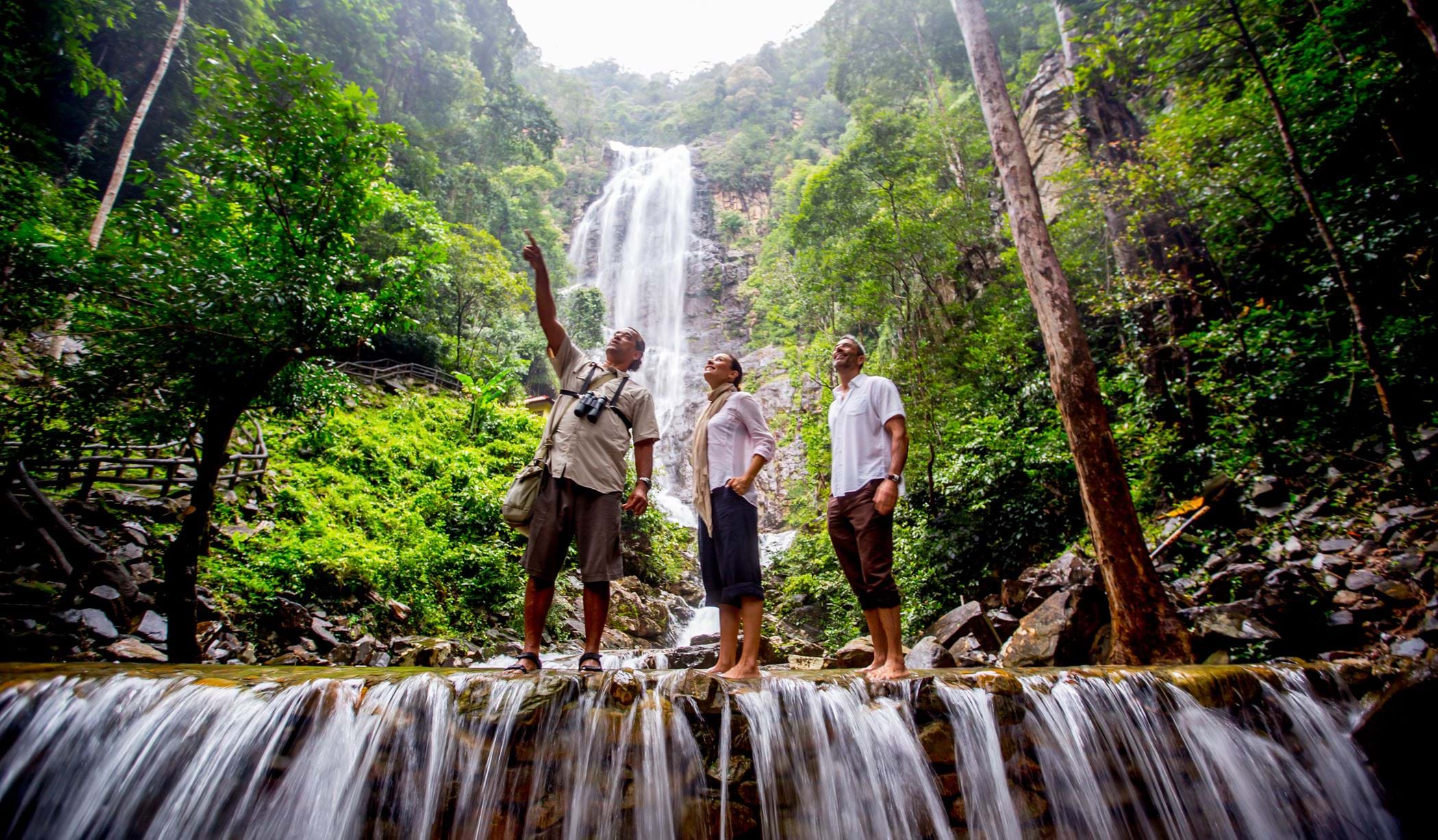 a couple with a tour guide pointing to the trees on top of a waterfall in the rainforest