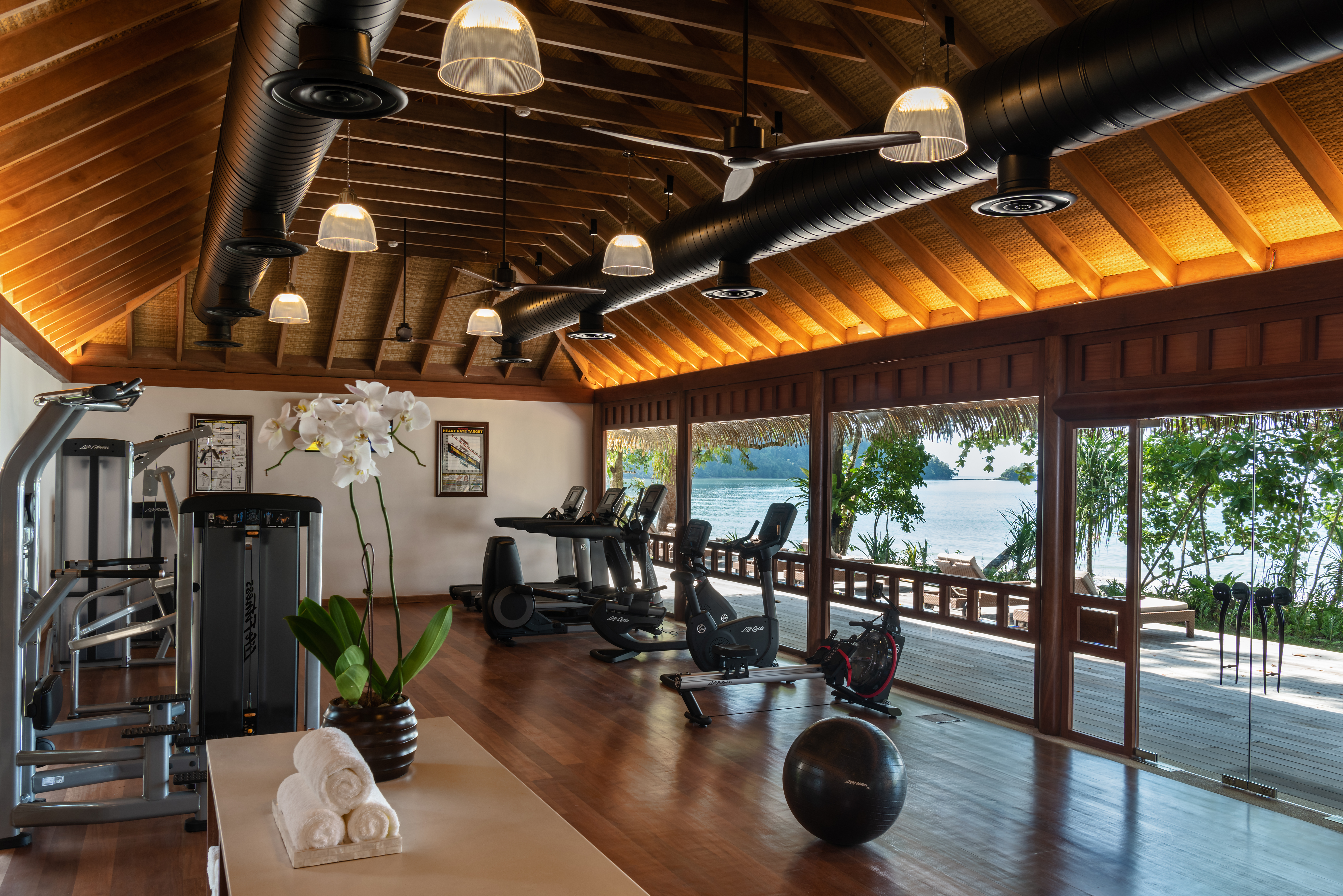 a gym equipped with bikes, strength machines and an exercise ball with views of the beach